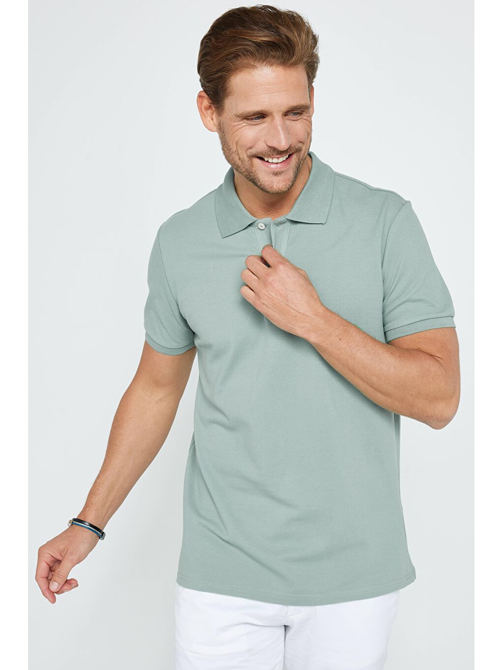 Yeşil Erkek Slim Fit Dar Kesim %100 Pamuk Düz Pike Mint Polo Yaka Tişört