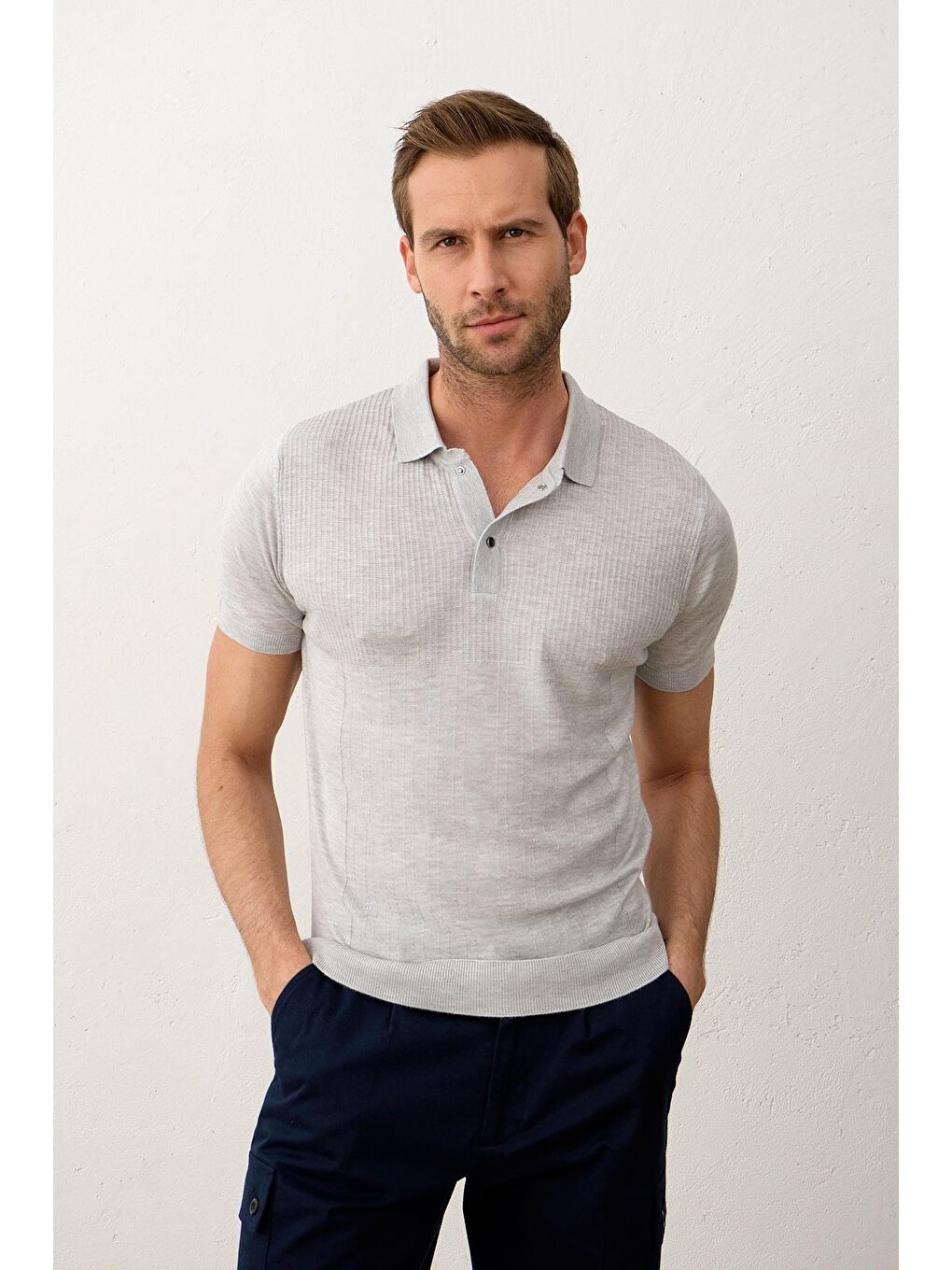 Erkek Slim-Fit Yazlık Triko Tişört Gri-3