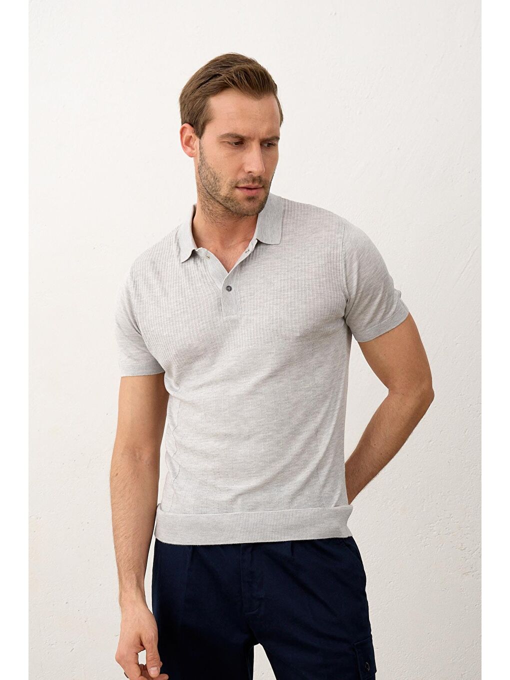 Erkek Slim-Fit Yazlık Triko Tişört Gri-5