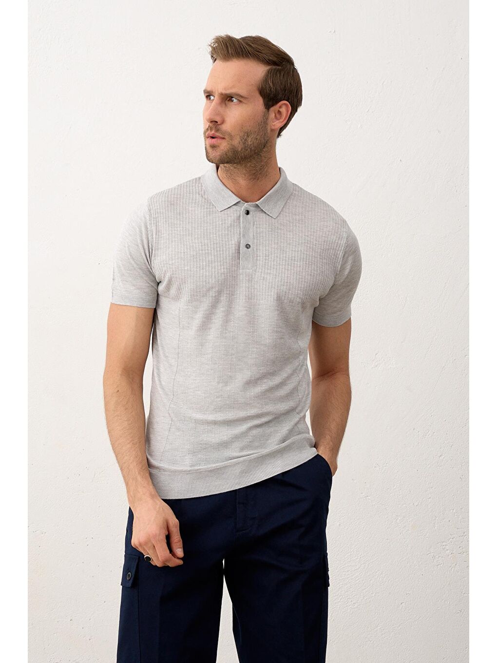 Erkek Slim-Fit Yazlık Triko Tişört Gri-6