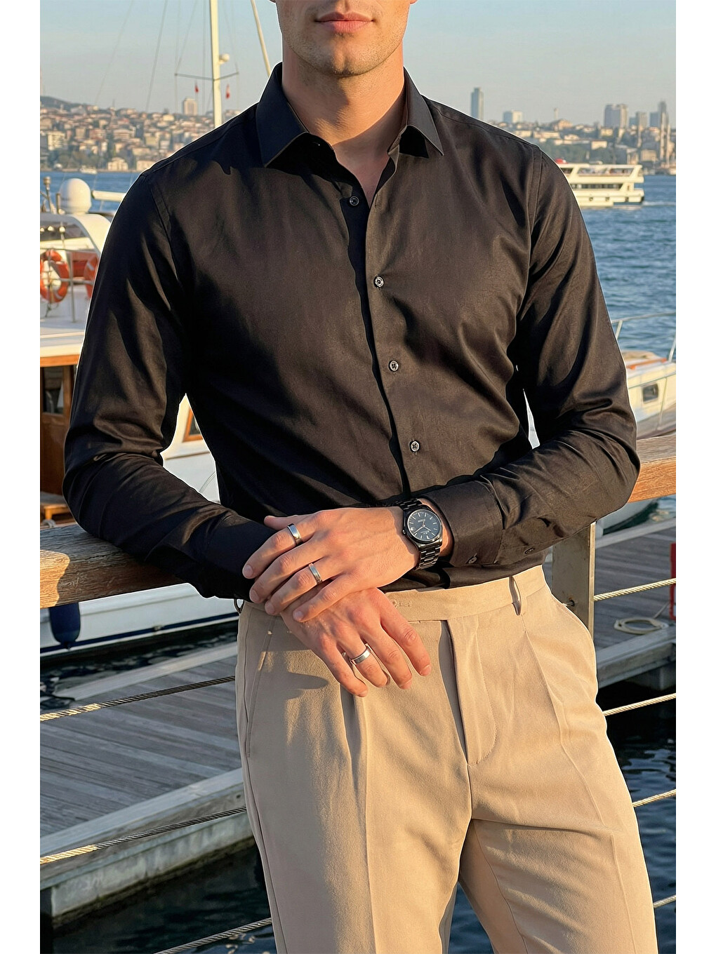 Siyah Erkek Slim Fit 4 Mevsim Kolay Ütülenir Basic Düz Gömlek-1
