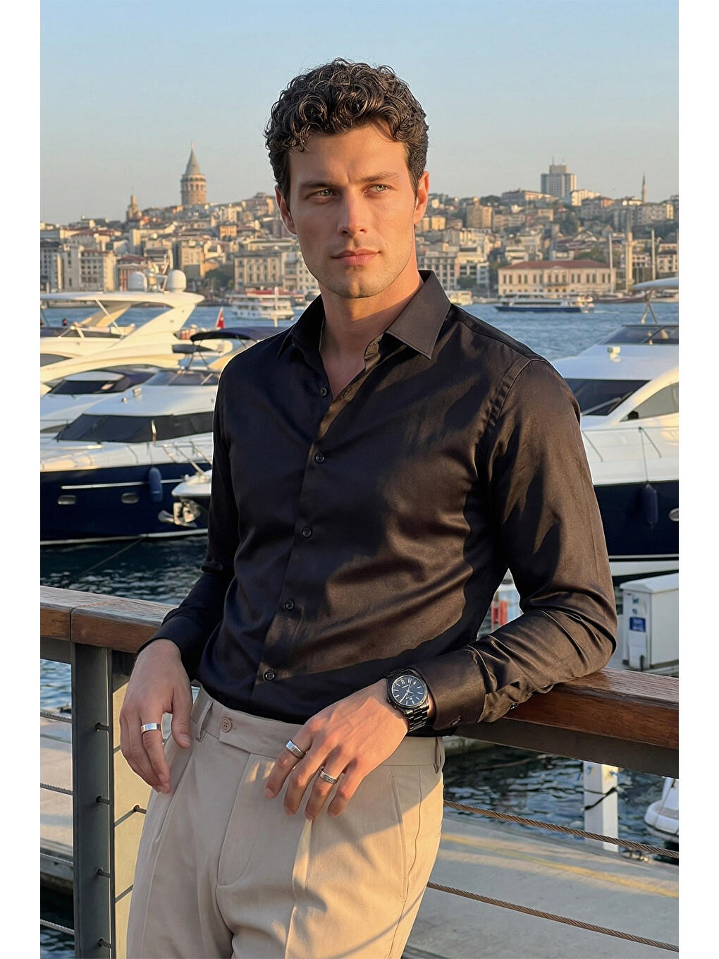 Siyah Erkek Slim Fit 4 Mevsim Kolay Ütülenir Basic Düz Gömlek-2