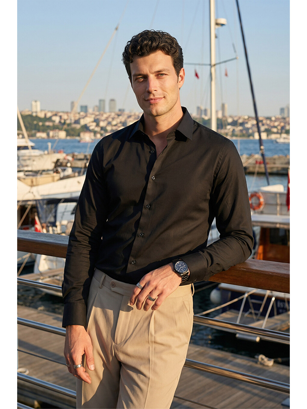 Siyah Erkek Slim Fit 4 Mevsim Kolay Ütülenir Basic Düz Gömlek-3
