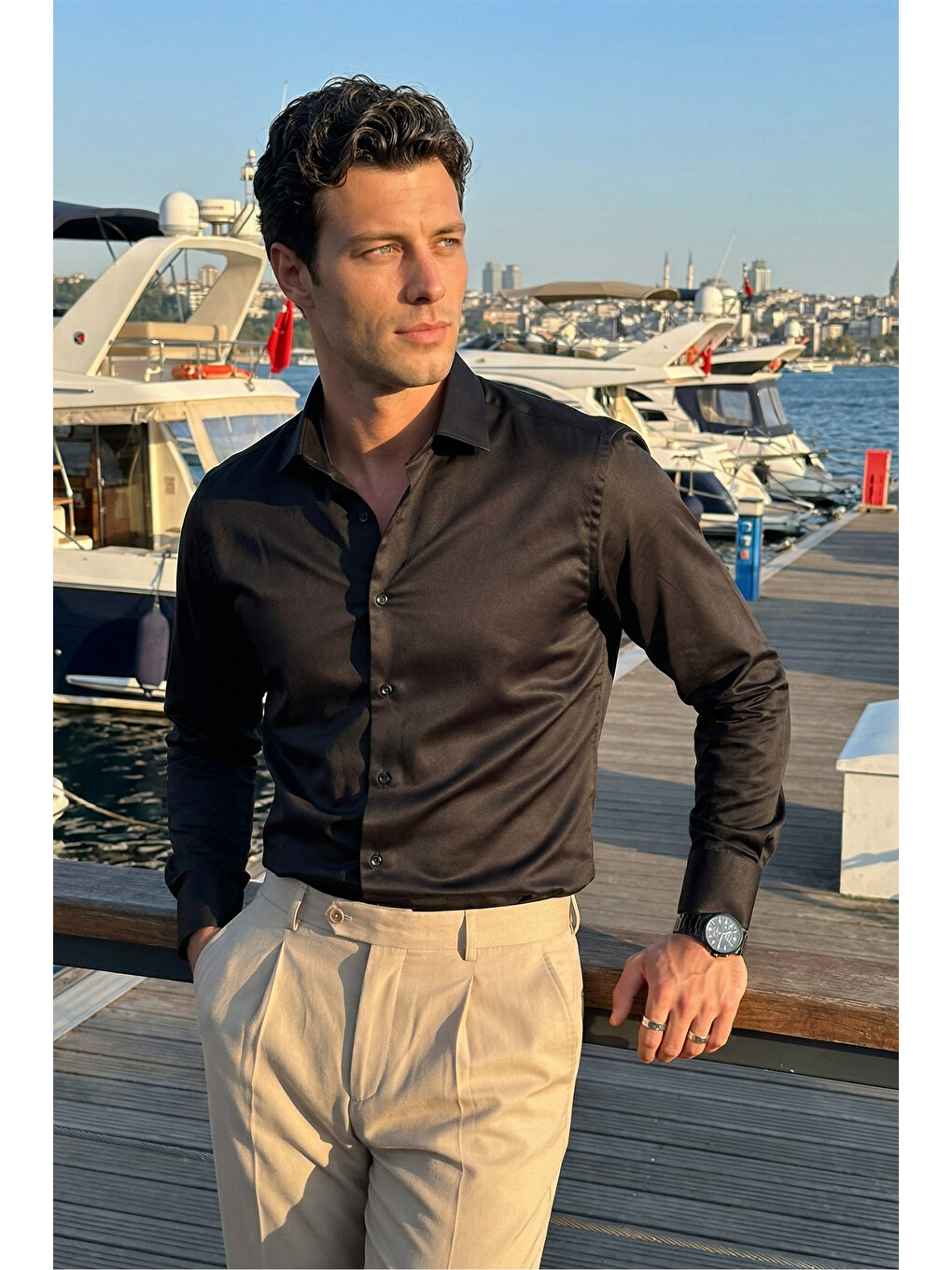 Siyah Erkek Slim Fit 4 Mevsim Kolay Ütülenir Basic Düz Gömlek-4