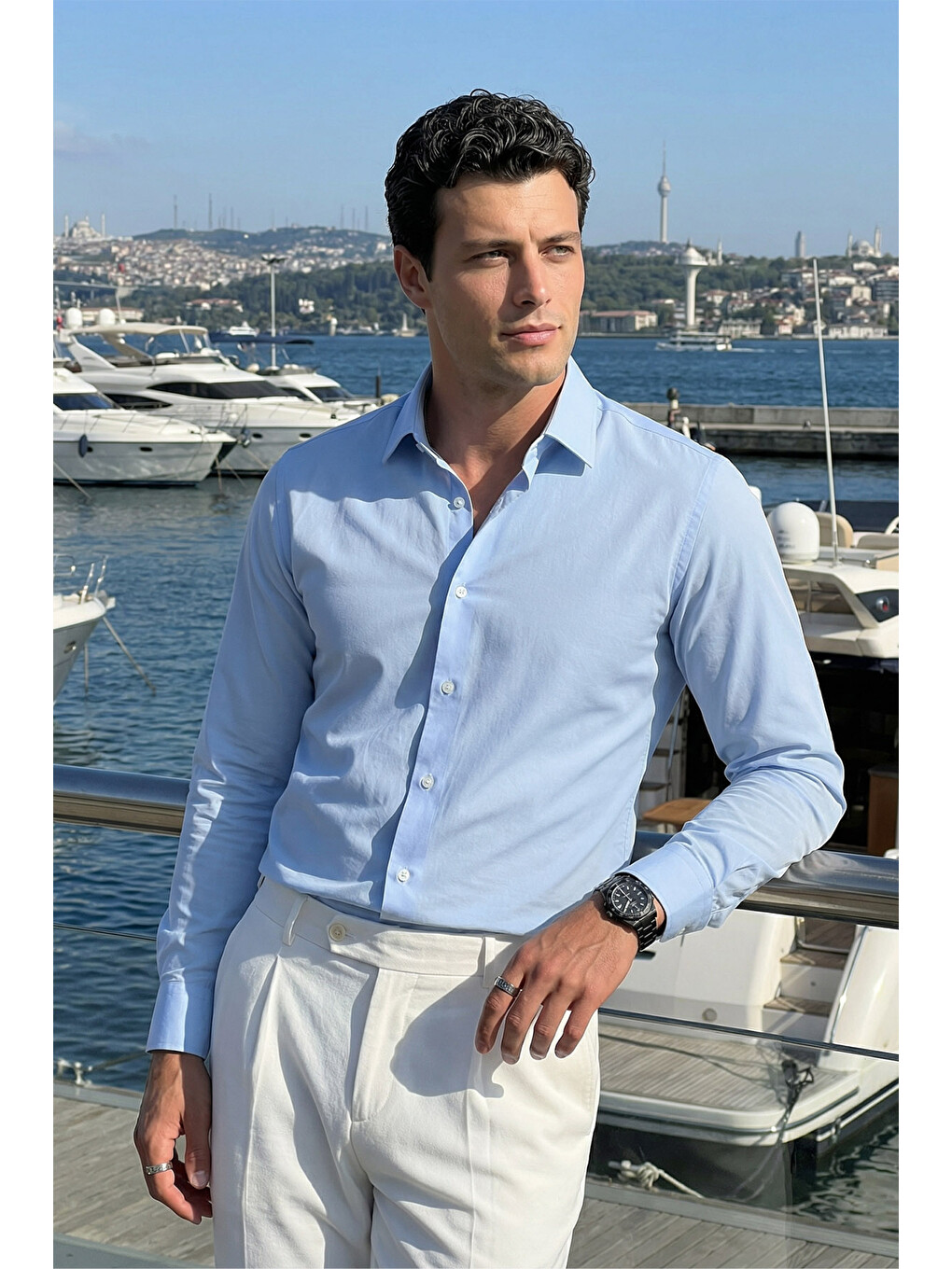 Mavi Erkek Slim Fit 4 Mevsim Kolay Ütülenir Basic Düz Gömlek