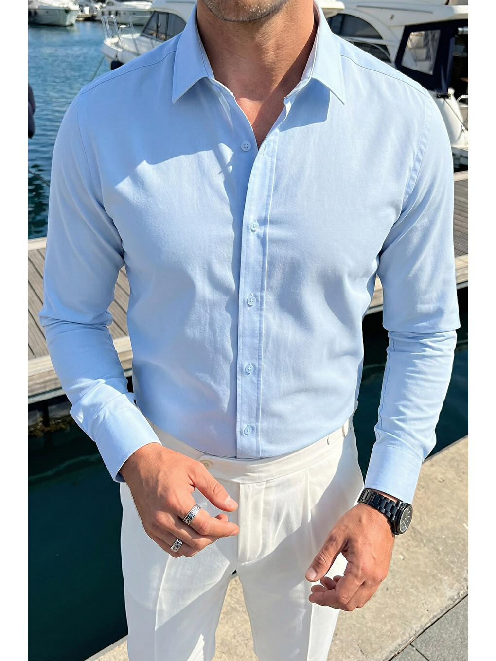 Mavi Erkek Slim Fit 4 Mevsim Kolay Ütülenir Basic Düz Gömlek-1