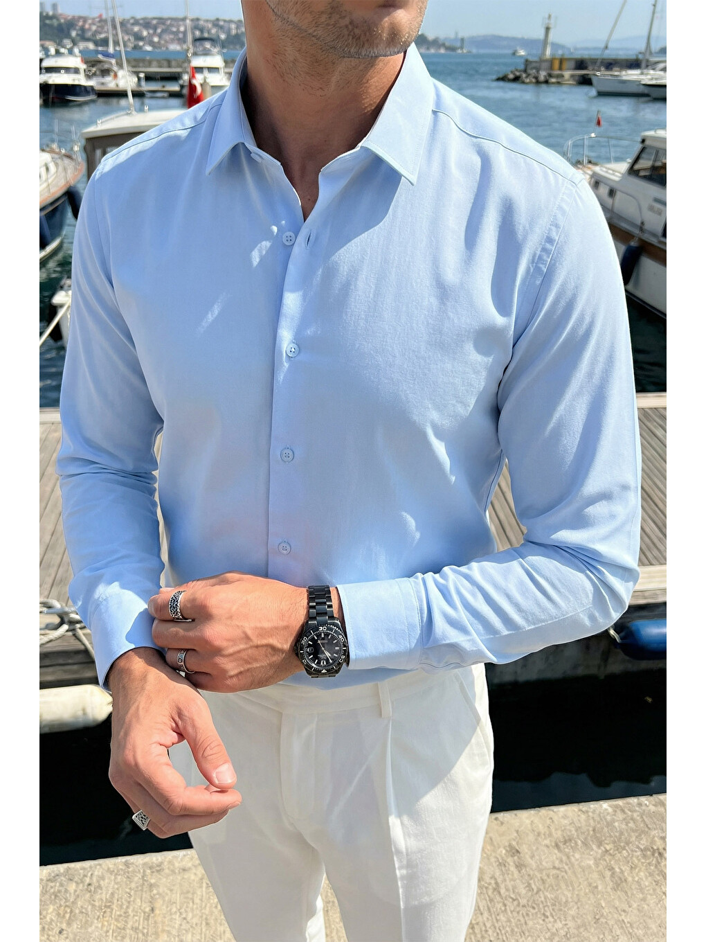 Mavi Erkek Slim Fit 4 Mevsim Kolay Ütülenir Basic Düz Gömlek-3