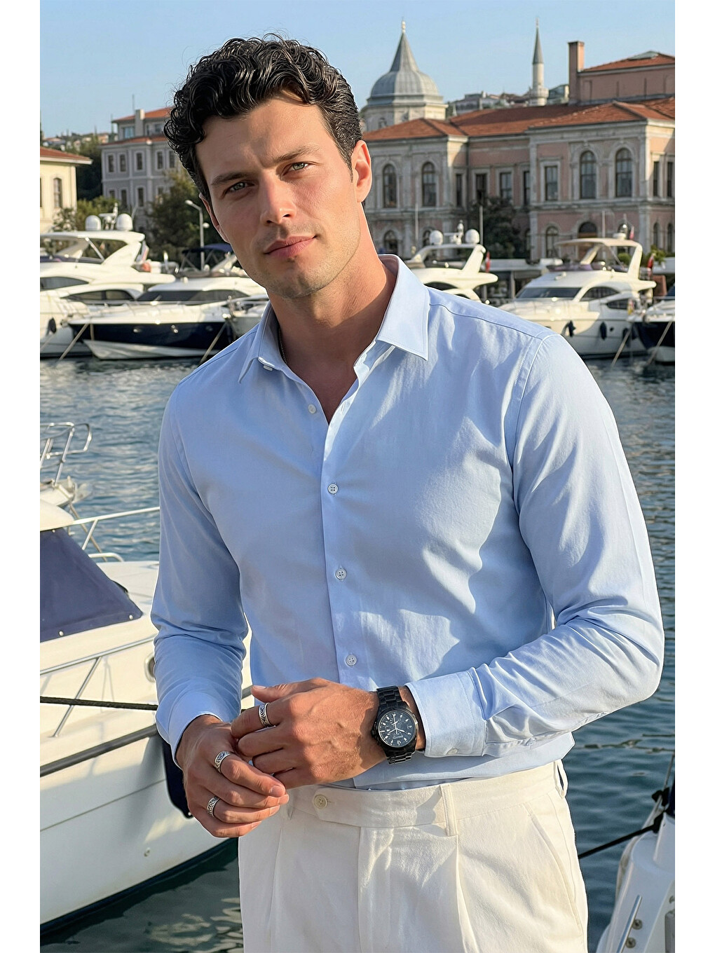 Mavi Erkek Slim Fit 4 Mevsim Kolay Ütülenir Basic Düz Gömlek-4