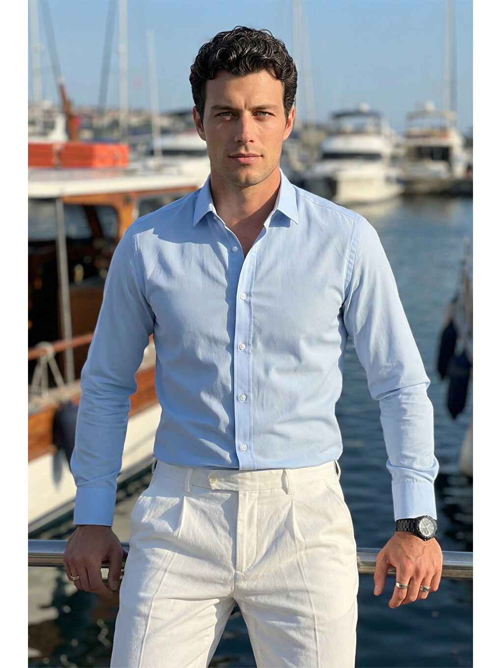 Mavi Erkek Slim Fit 4 Mevsim Kolay Ütülenir Basic Düz Gömlek-5