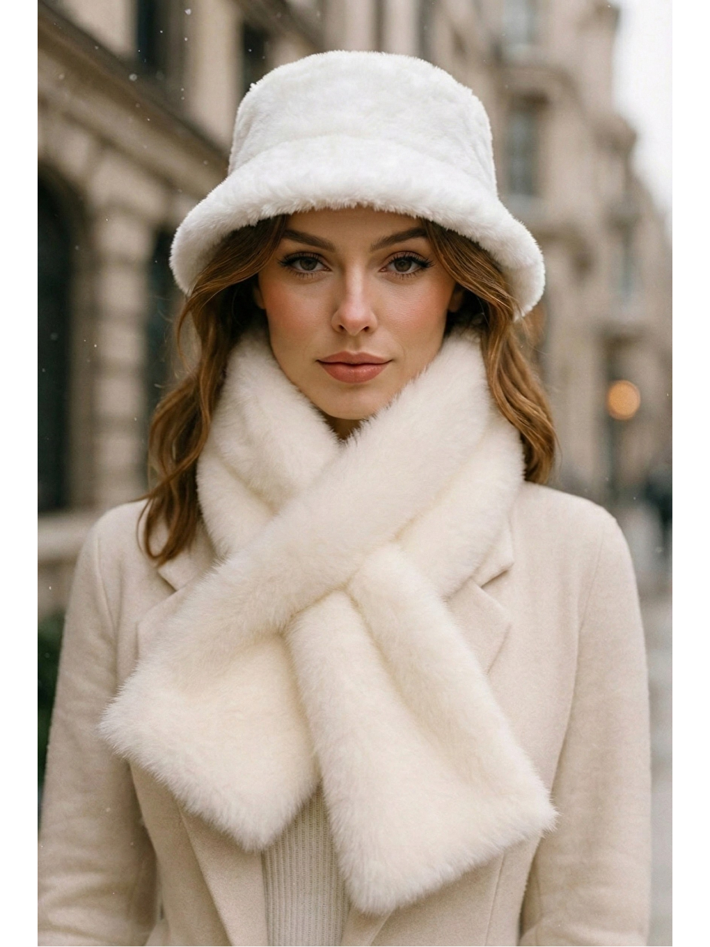 Kadın Ekru 2 li Set Pelüş Bucket Şapka Boyunluk Atkı Set01-2