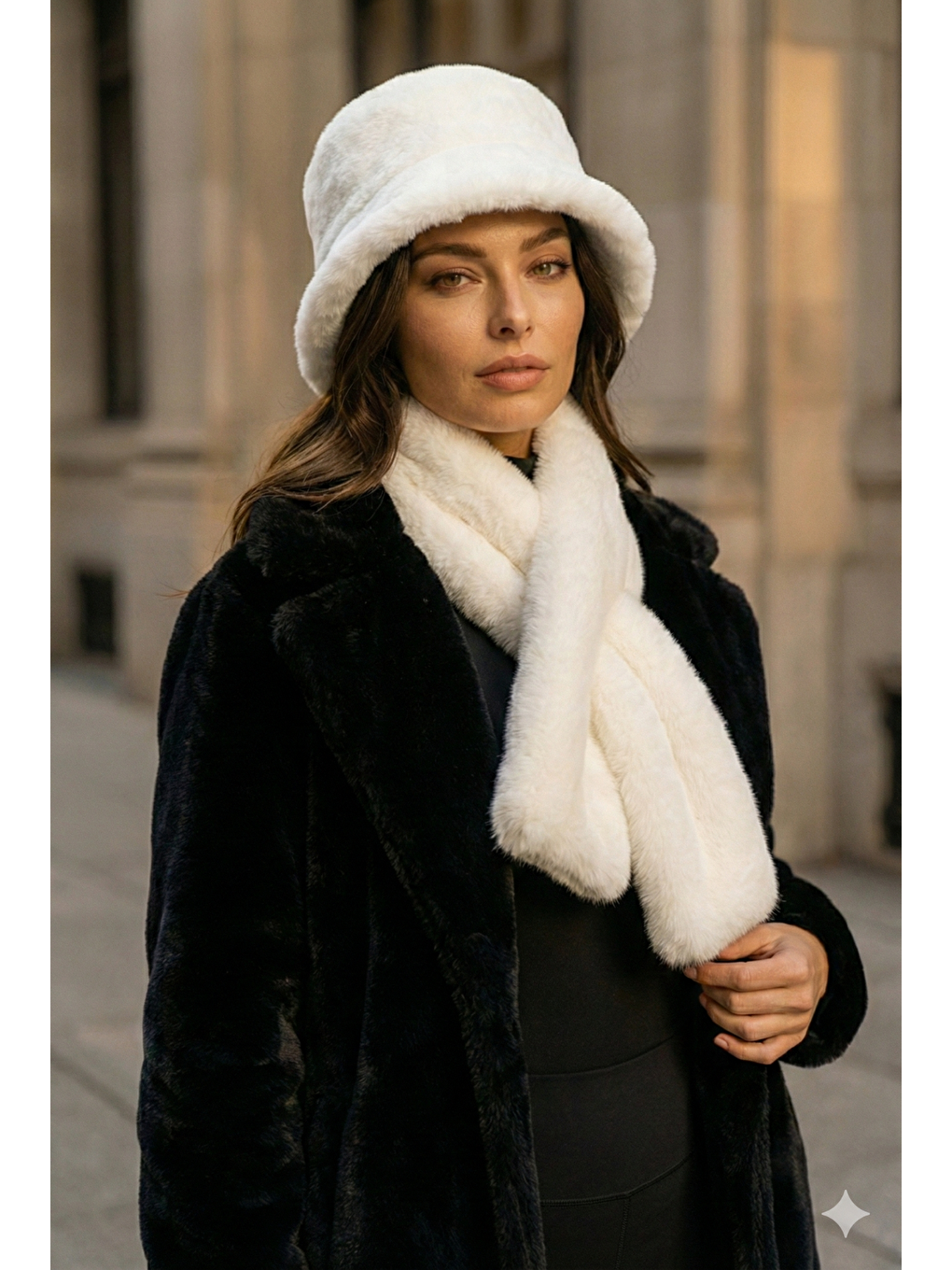 Kadın Ekru 2 li Set Pelüş Bucket Şapka Boyunluk Atkı Set01-3