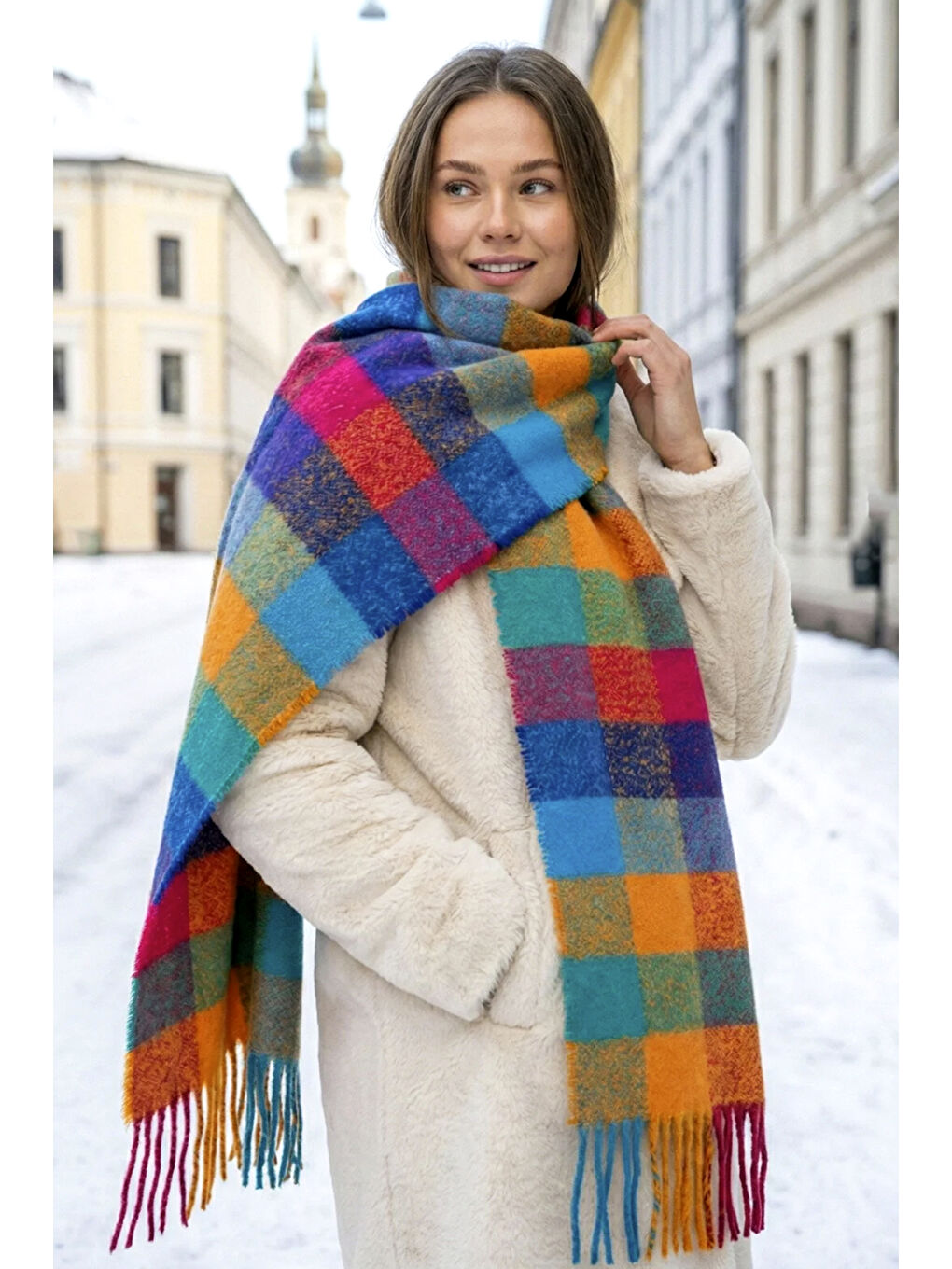 Püsküllü Buklet Atkı Şal 45X200 cm 1292 Fuşya-1