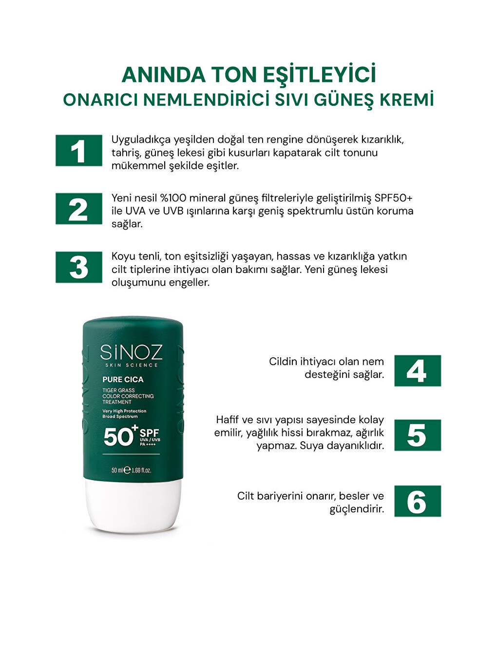 Pure Cica Tiger Grass Anında Ton Eşitleyici Onarıcı Nemlendirici Spf50 Sıvı Yüz Güneş Kremi-1