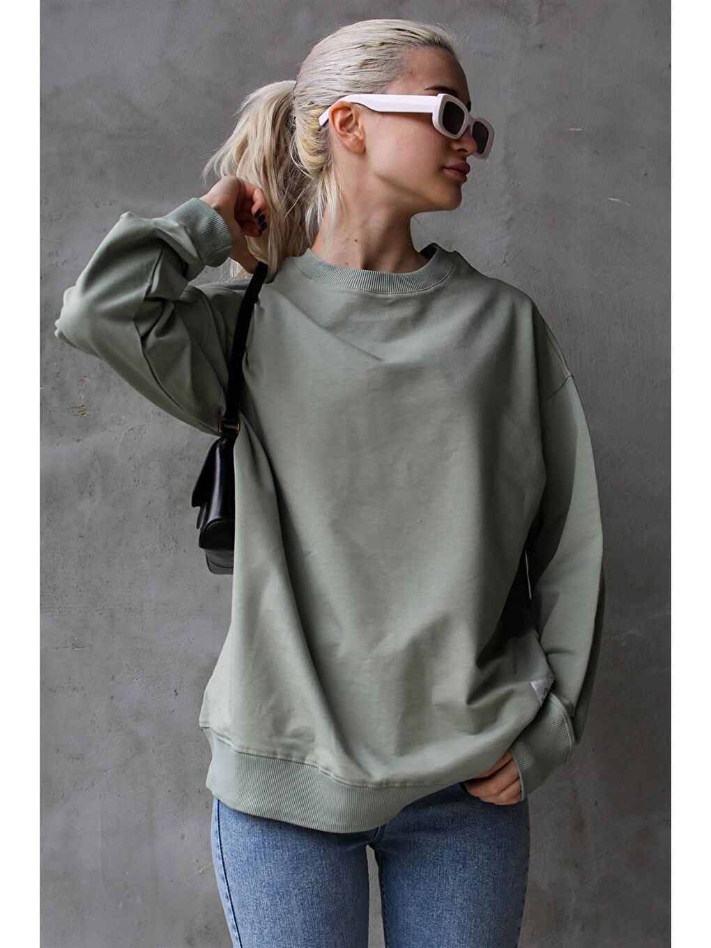 Madmext Nane Yeşili Mint Yeşili Basic Oversize Kadın Sweatshirt MG1686 - 1