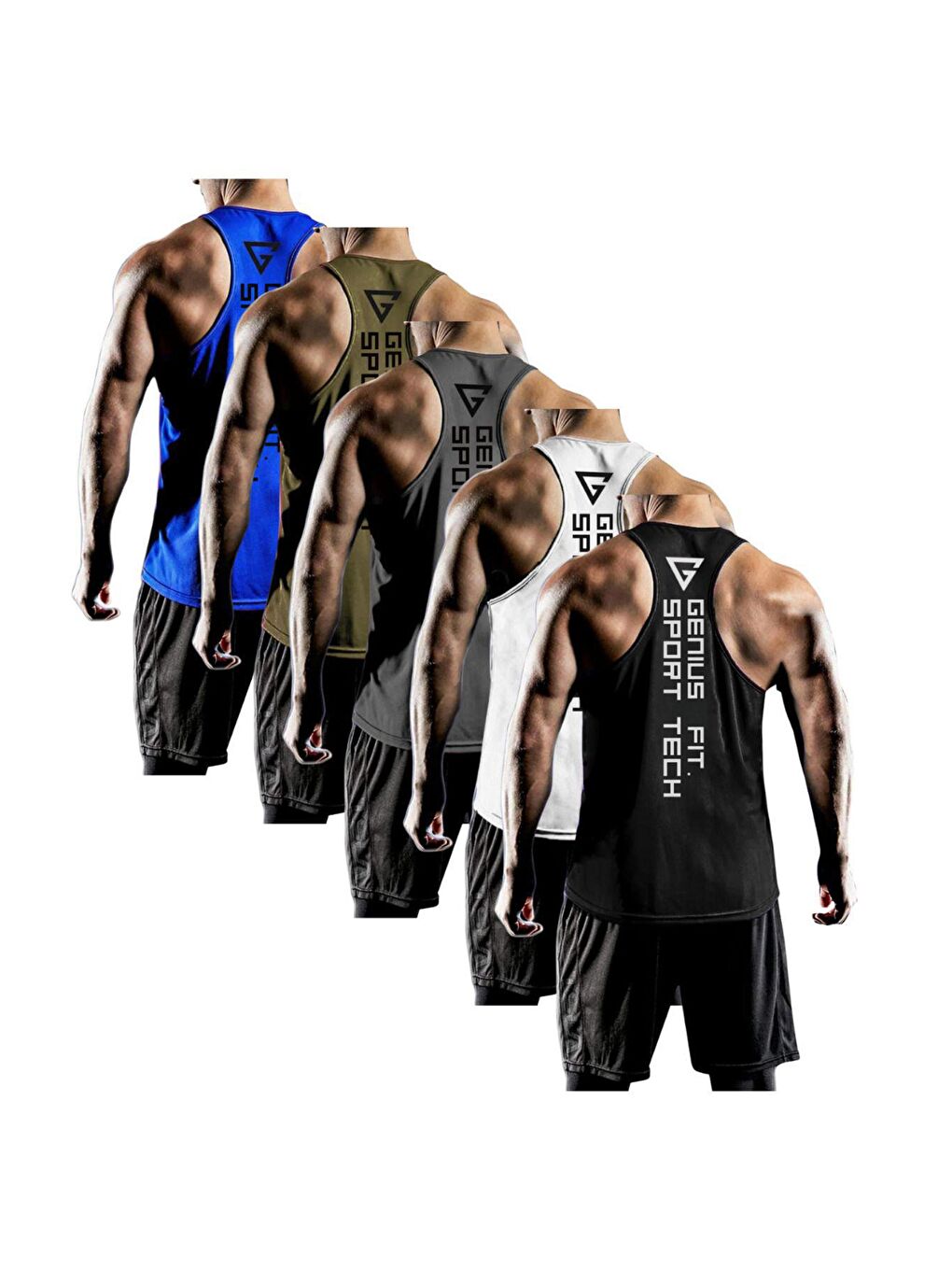 Siyah 5'li Paket Erkek Dry Fit Y-back Gym Sporcu Atleti Genıus-fıt5(SİYAH-BEYAZ-FÜME-HAKİ-MAVİ)