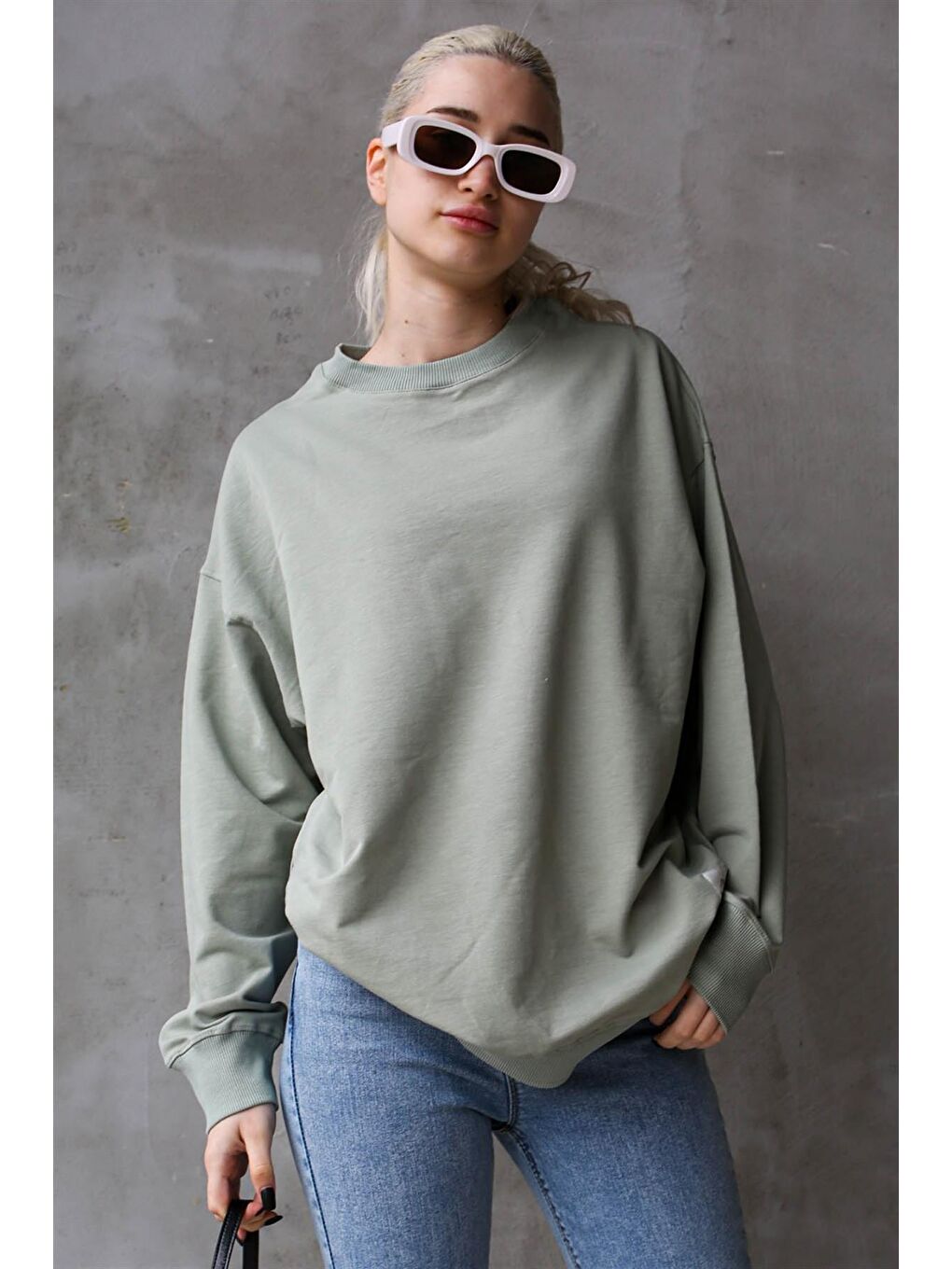 Madmext Nane Yeşili Mint Yeşili Basic Oversize Kadın Sweatshirt MG1686 - 2