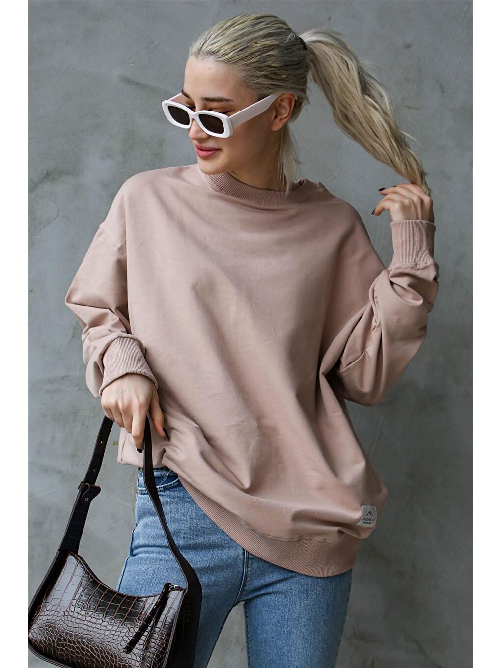 Madmext Pudra Pembe Pudra Basic Oversize Kadın Sweatshirt MG1686 - 1