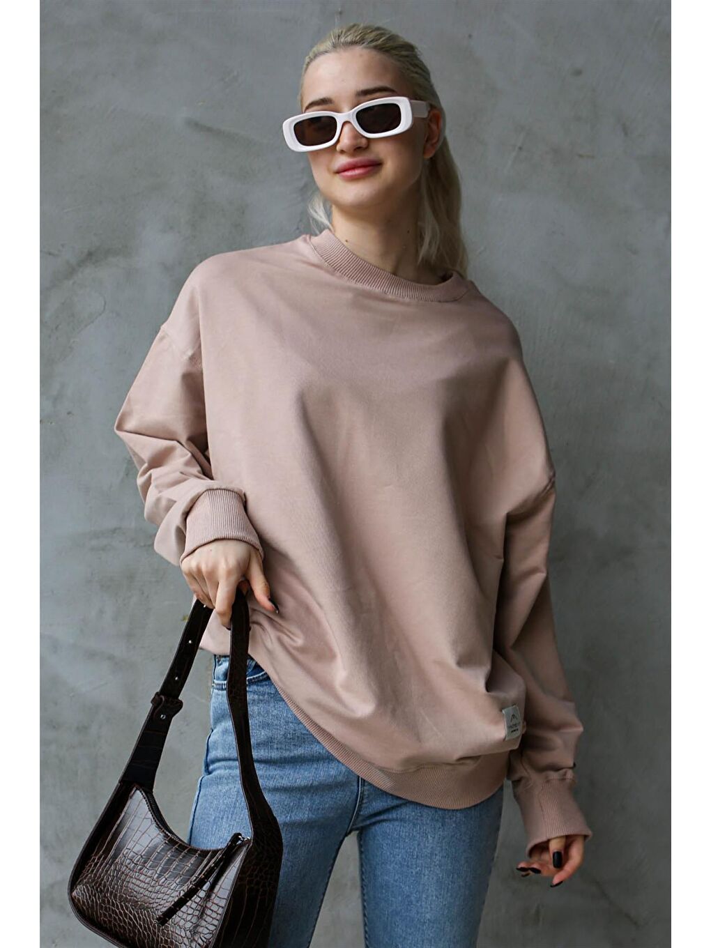 Madmext Pudra Pembe Pudra Basic Oversize Kadın Sweatshirt MG1686 - 2