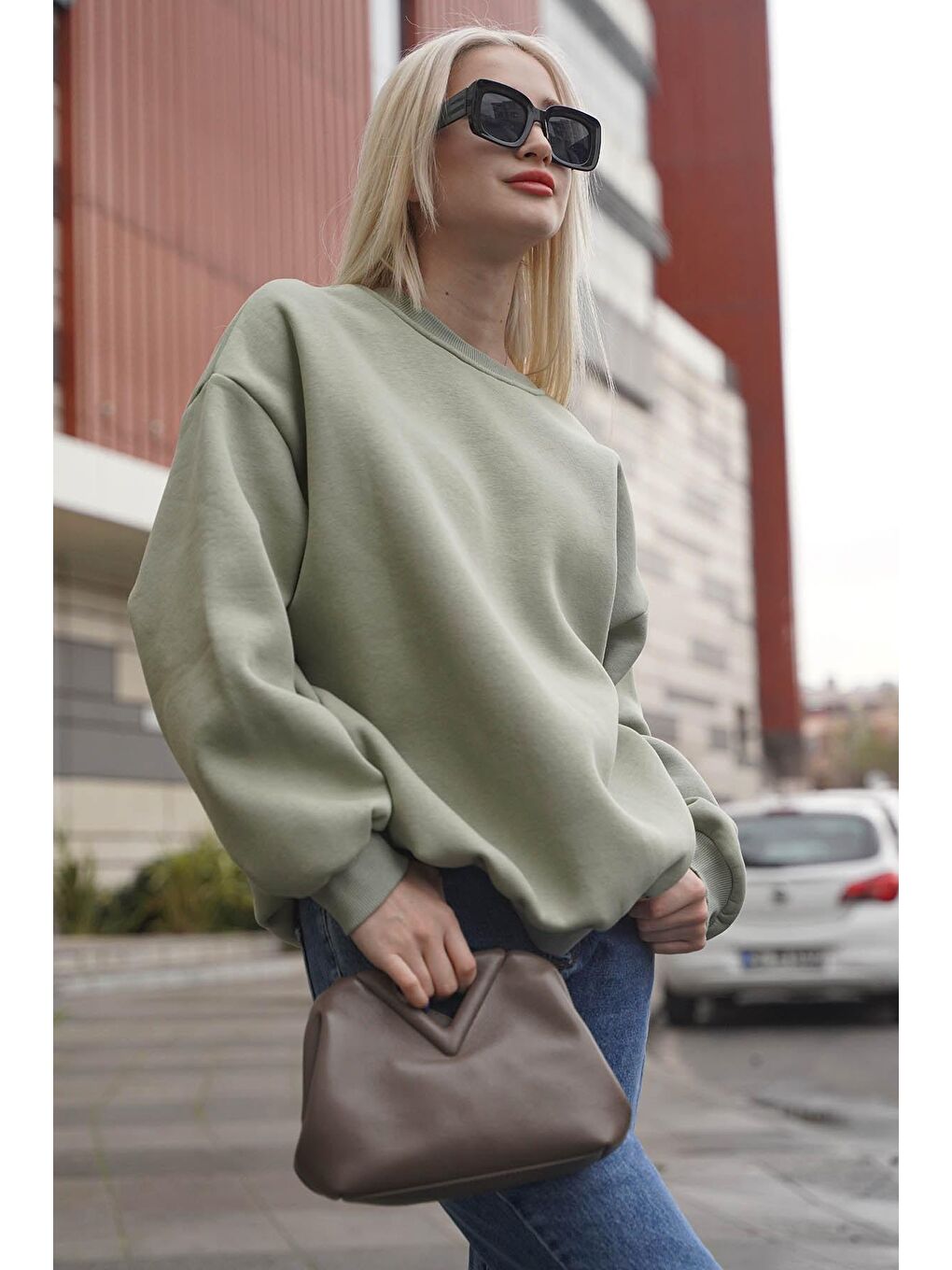 Madmext Nane Yeşili Mint Yeşili Bisiklet Yaka Basic Sweatshirt MG1559 - 2