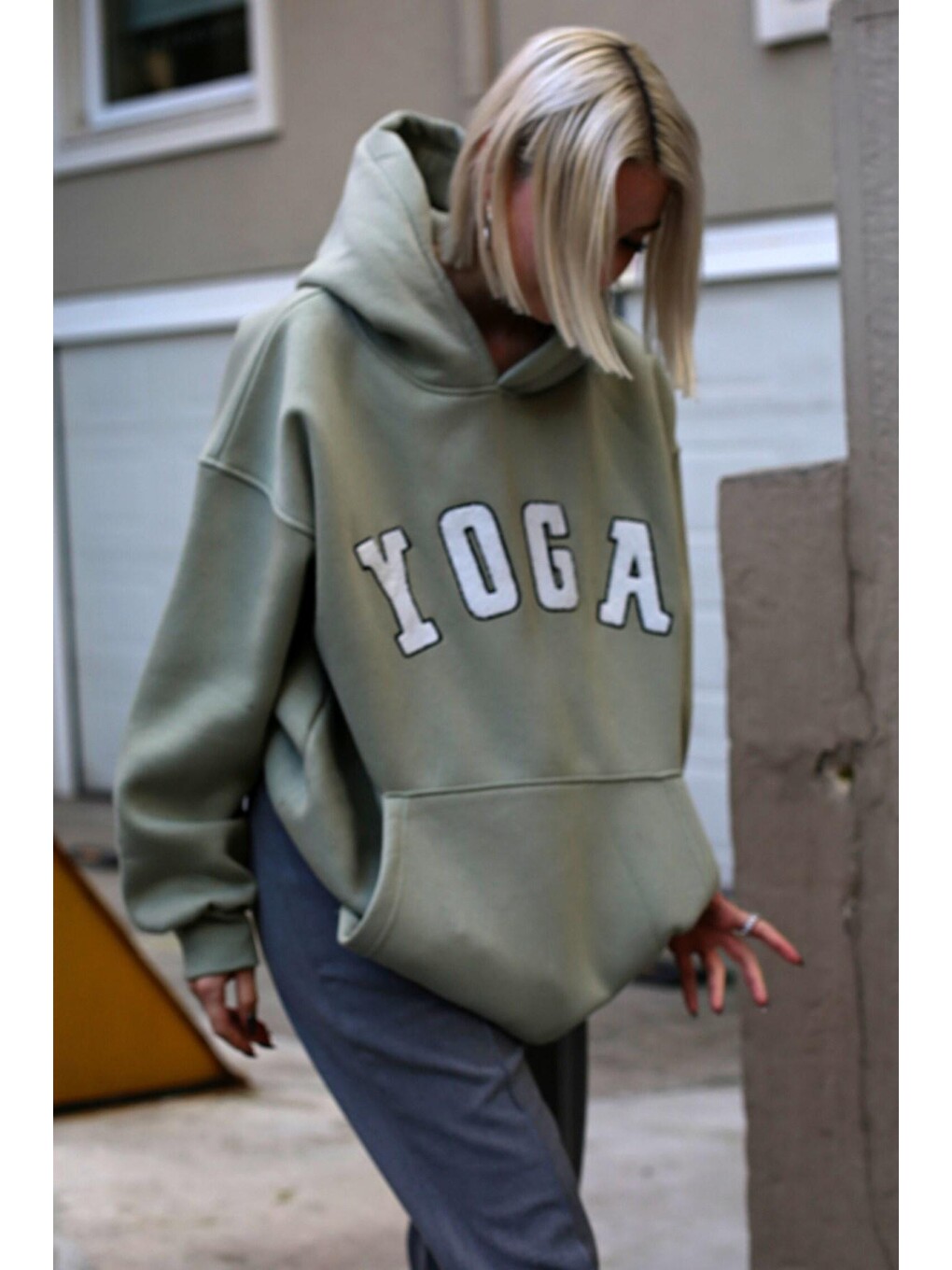 Mint Yeşili Nakışlı Oversize Kapüşonlu Sweatshirt Mg1580-2