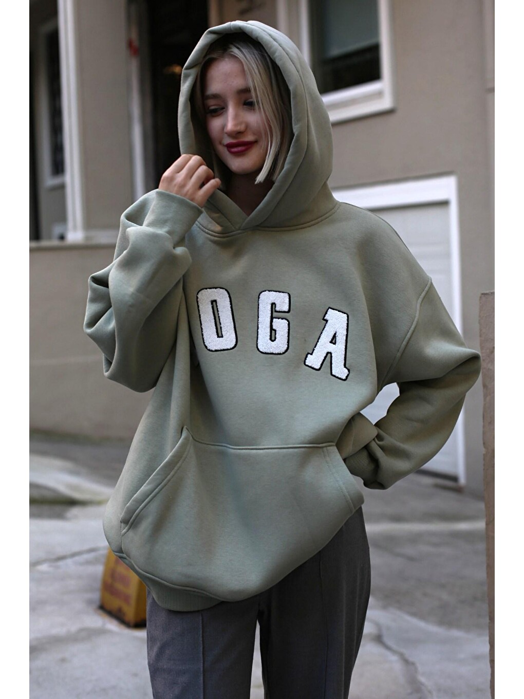 Mint Yeşili Nakışlı Oversize Kapüşonlu Sweatshirt Mg1580-1