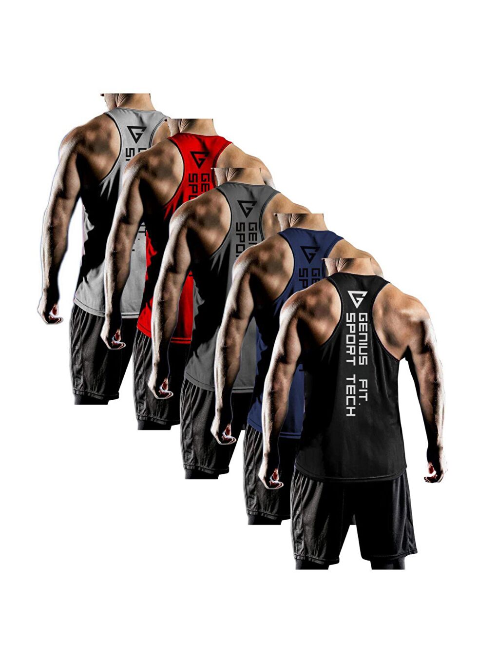 Gri 5'li Paket Erkek Dry Fit Y-back Gym Sporcu Atleti Genıus-fıt5(SİYAH-LACİVERT-FÜME-KIRMIZI-GRİ)
