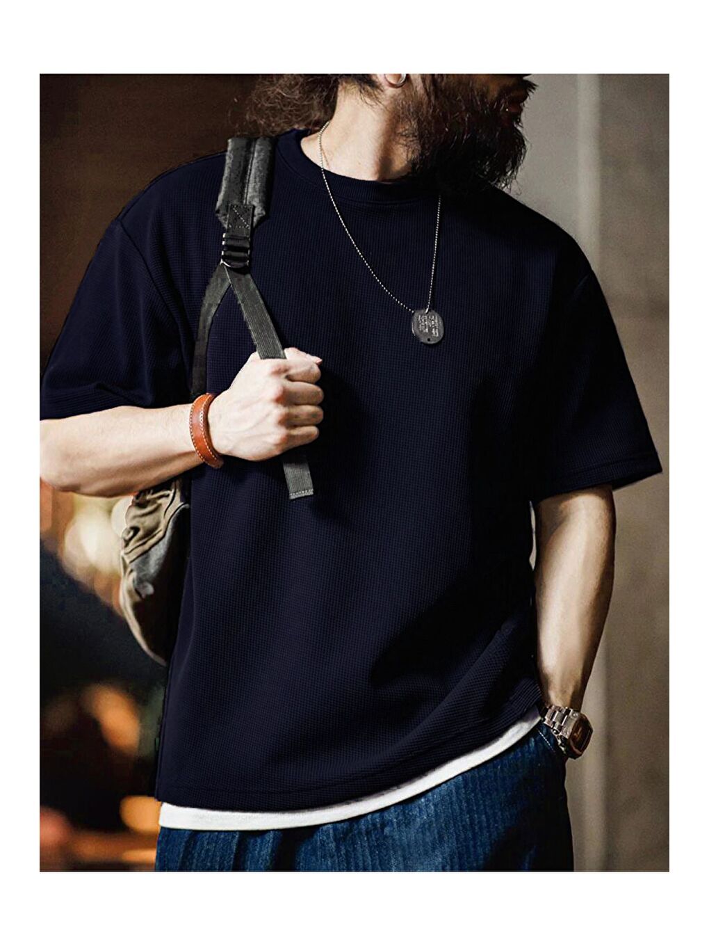 Lacivert Erkek Oversize Bisiklet Yaka Kısa Kollu Waffle Tişört