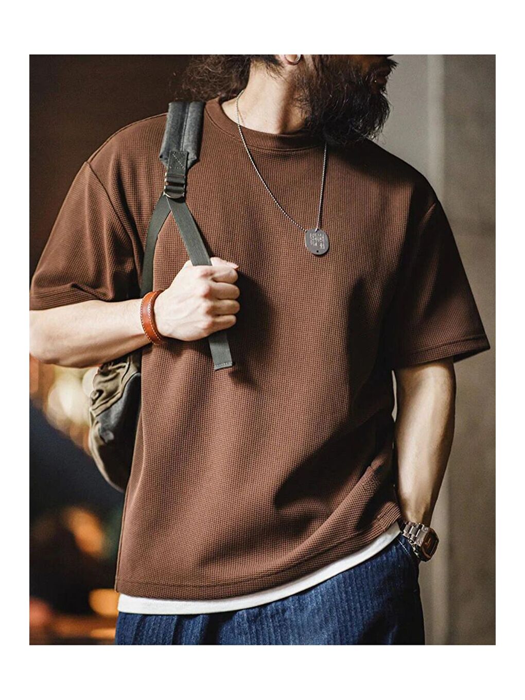 Kahverengi Erkek Oversize Bisiklet Yaka Kısa Kollu Waffle Tişört