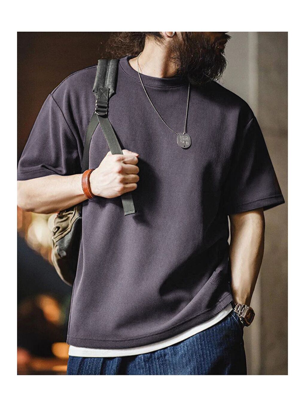 Gri Erkek Oversize Bisiklet Yaka Kısa Kollu Waffle Tişört