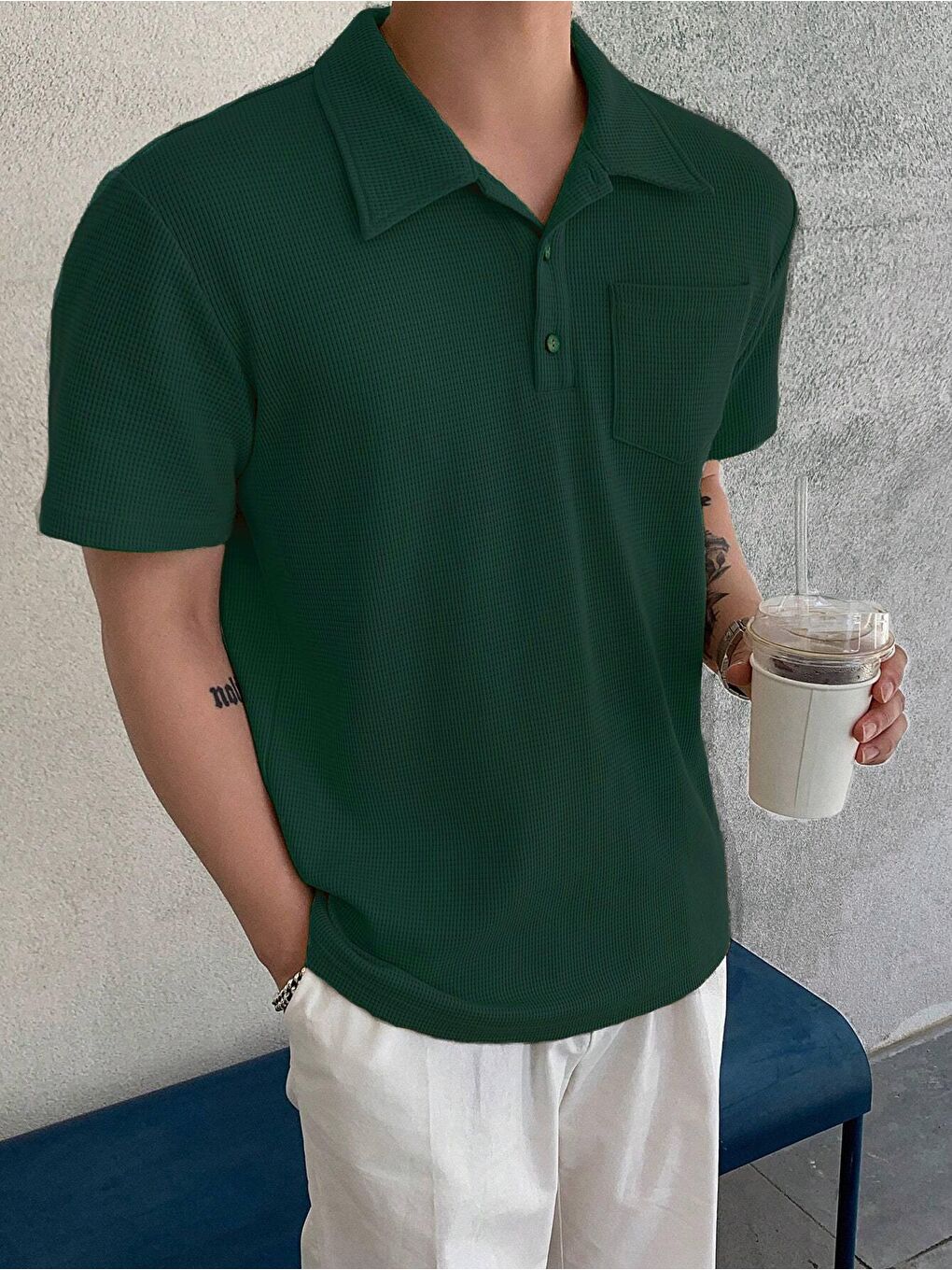 Yeşil Erkek Oversize Polo Yaka  Waffle Tişört  POLOYAKA-DÜĞMELİ