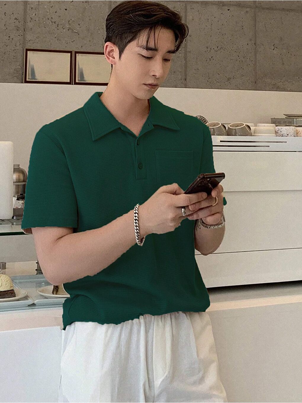 Yeşil Erkek Oversize Polo Yaka  Waffle Tişört  POLOYAKA-DÜĞMELİ-1