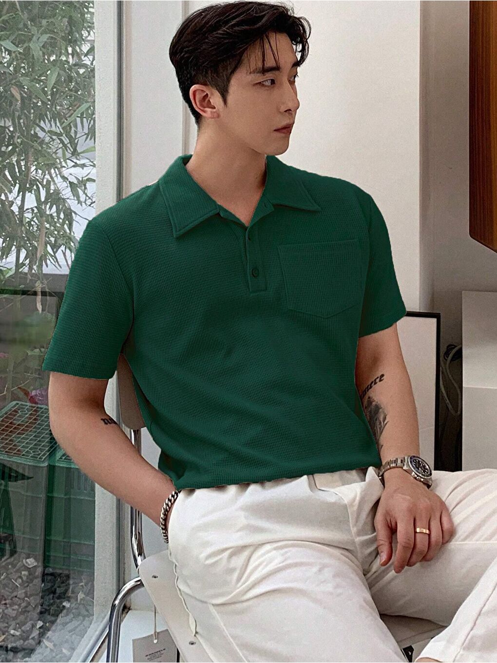 Yeşil Erkek Oversize Polo Yaka  Waffle Tişört  POLOYAKA-DÜĞMELİ-2