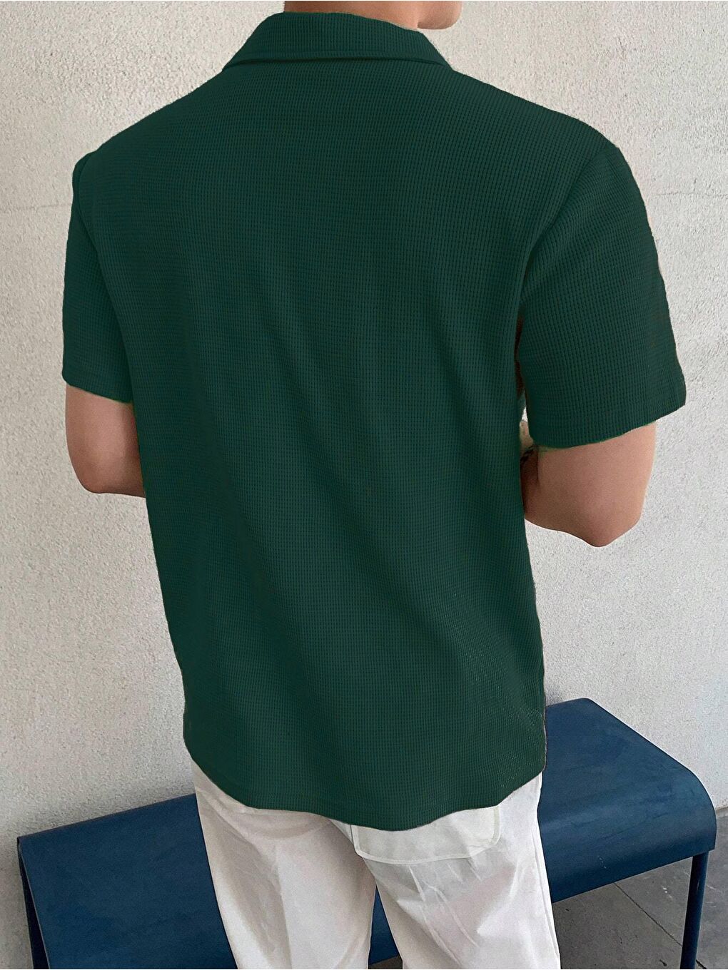 Yeşil Erkek Oversize Polo Yaka  Waffle Tişört  POLOYAKA-DÜĞMELİ-3