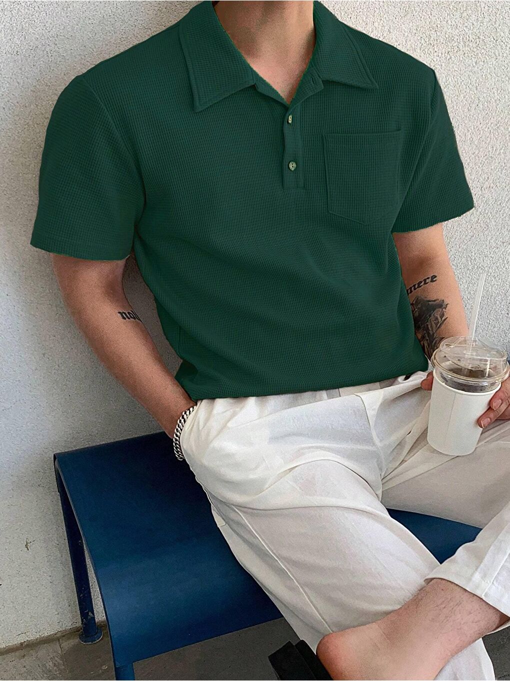 Yeşil Erkek Oversize Polo Yaka  Waffle Tişört  POLOYAKA-DÜĞMELİ-4