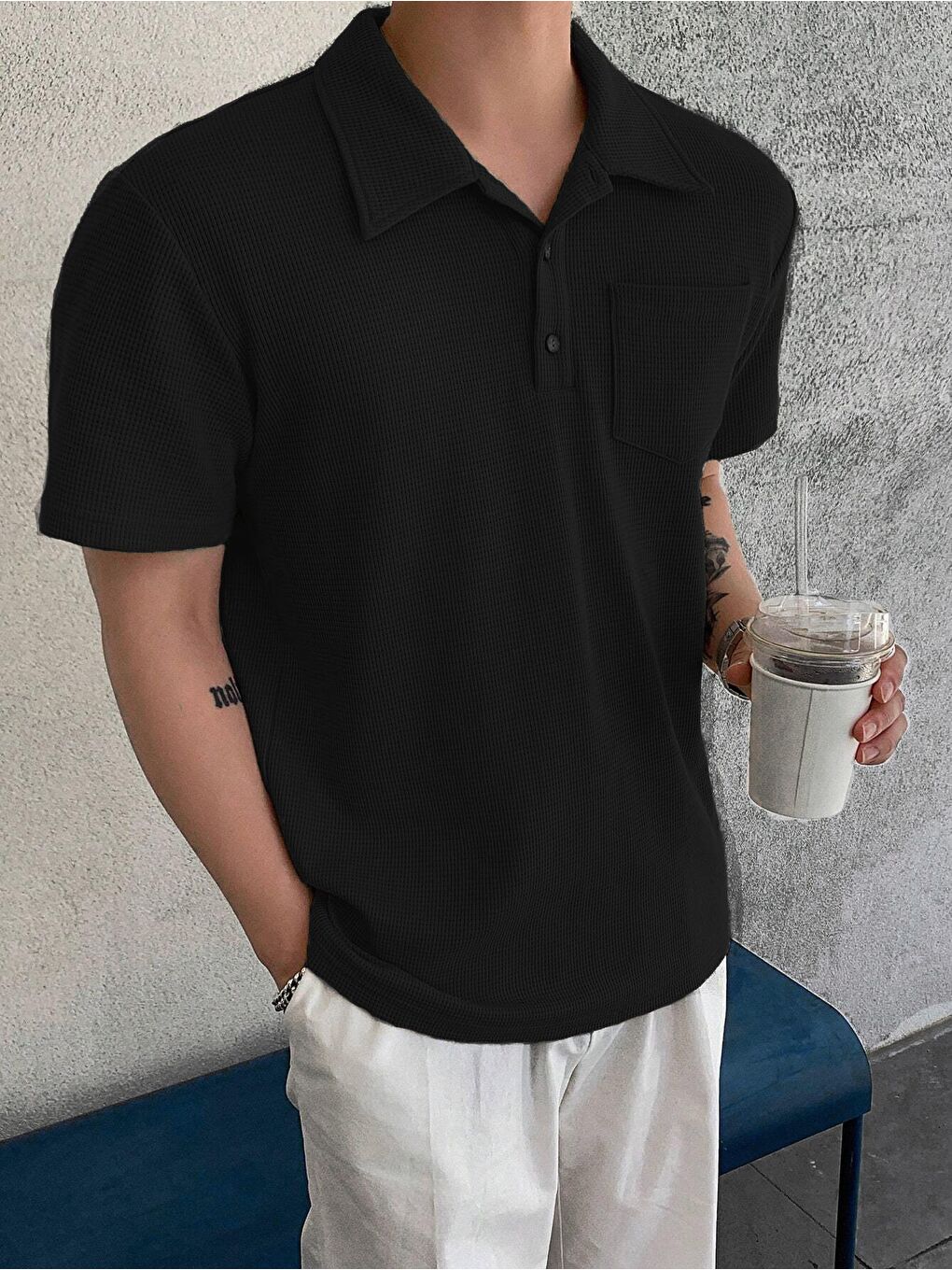 Siyah Erkek Oversize Polo Yaka  Waffle Tişört