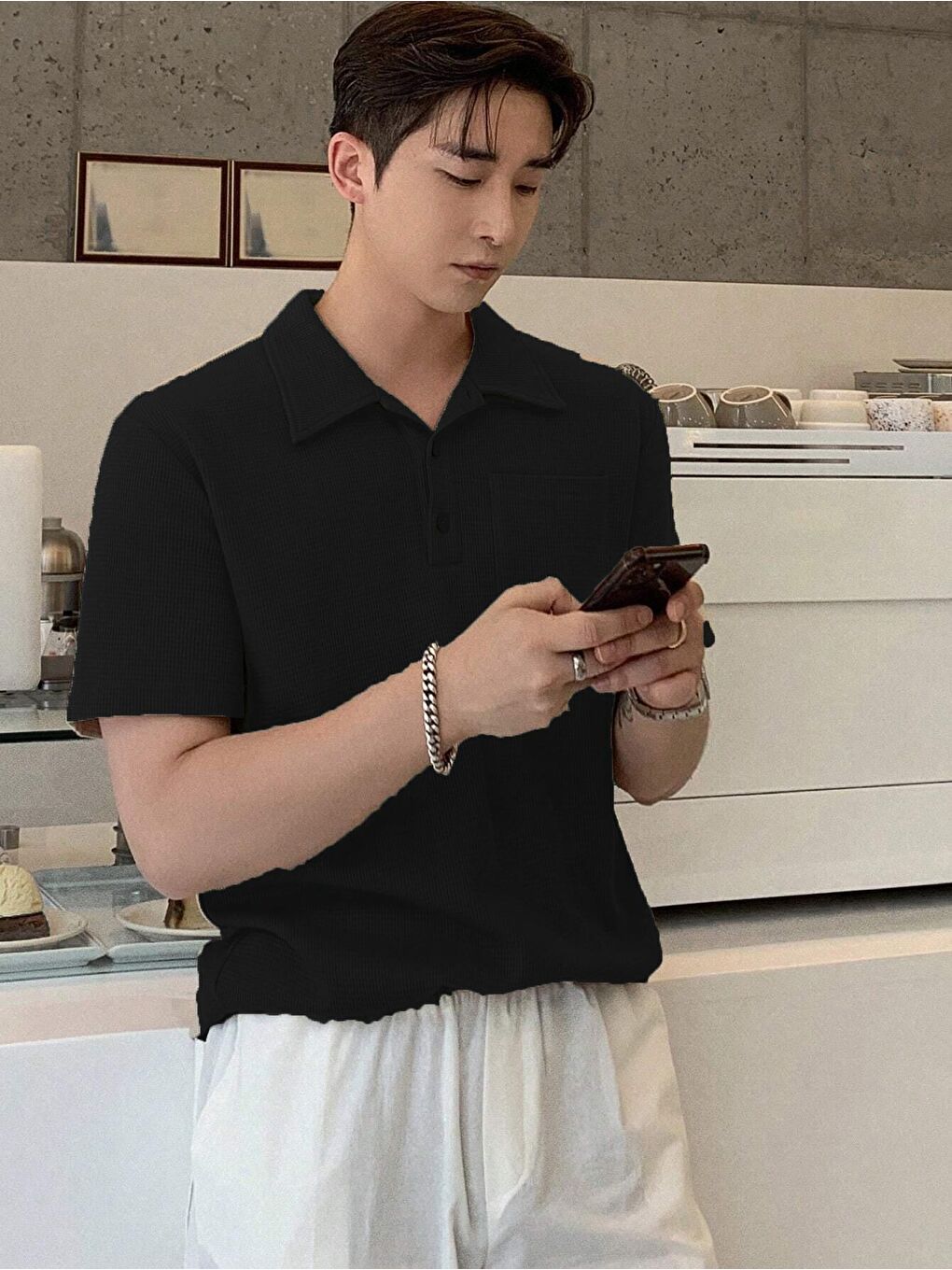 Siyah Erkek Oversize Polo Yaka  Waffle Tişört-1