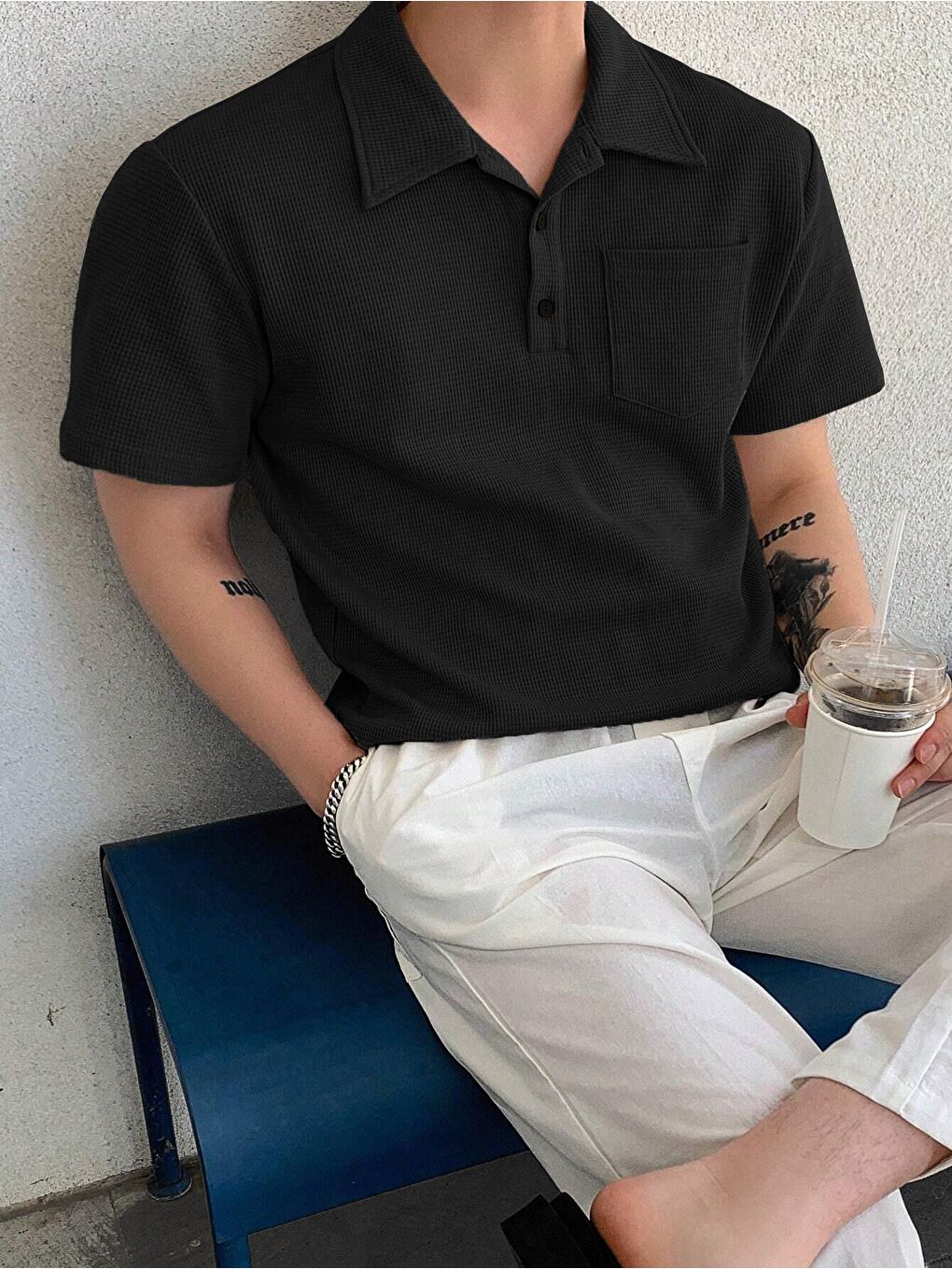 Siyah Erkek Oversize Polo Yaka  Waffle Tişört-2