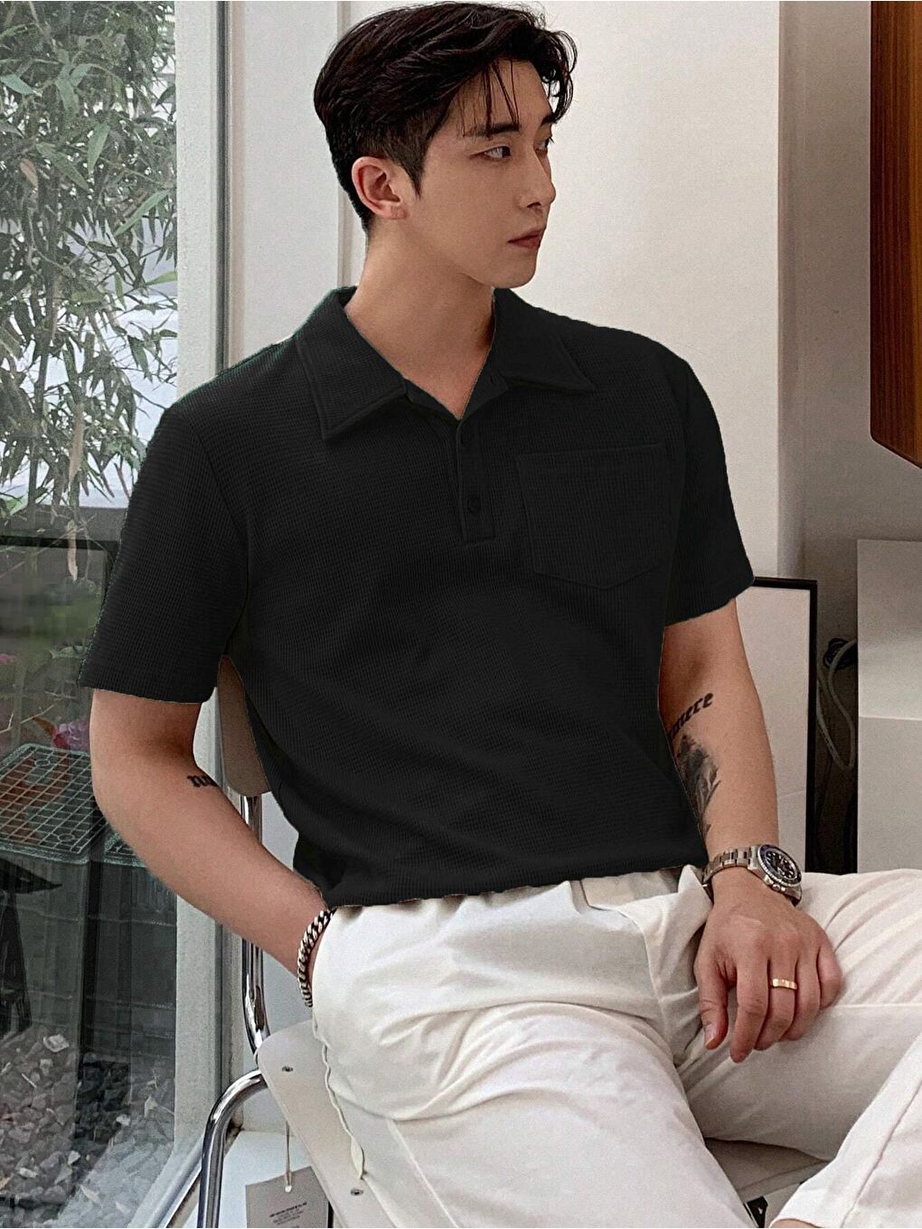 Siyah Erkek Oversize Polo Yaka  Waffle Tişört-4