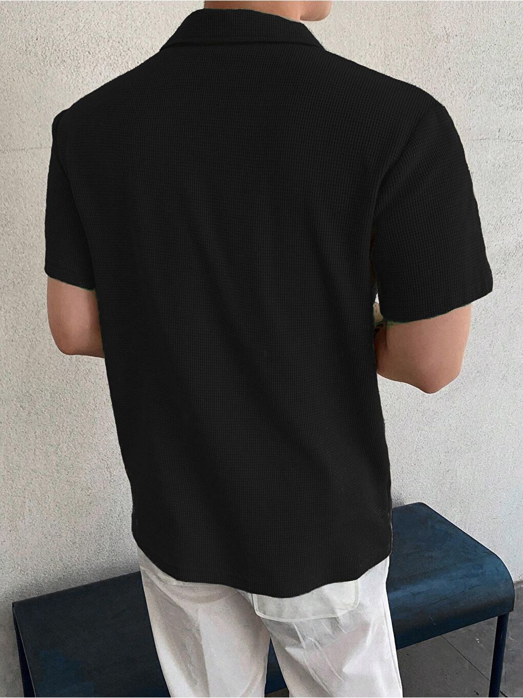 Siyah Erkek Oversize Polo Yaka  Waffle Tişört-5