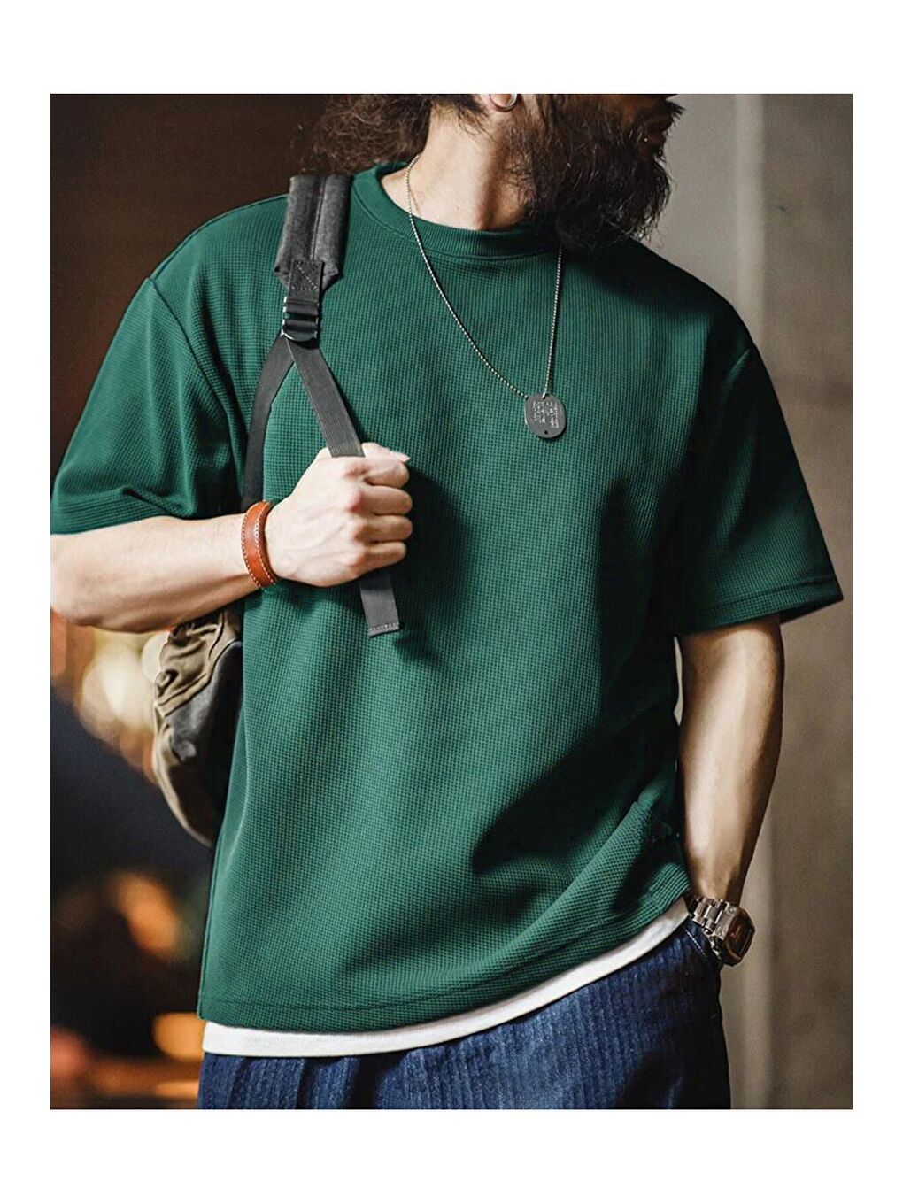 Yeşil Erkek Oversize Bisiklet Yaka Kısa Kollu Waffle Tişört