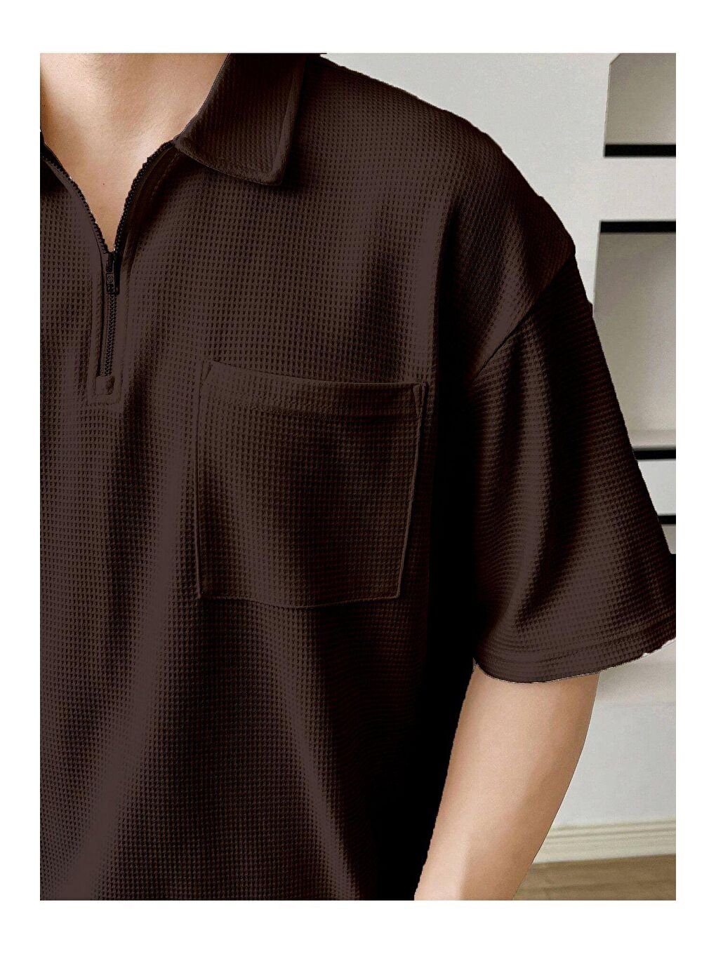 Kahverengi Erkek Oversize Polo Yaka Waffle Tişört-1