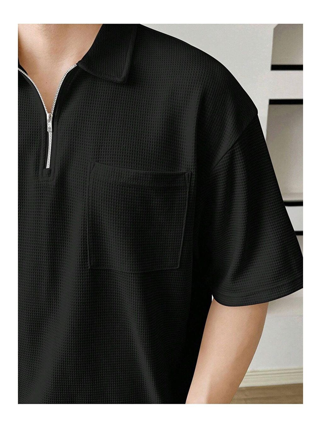 Siyah Erkek Oversize Polo Yaka Waffle Tişört-1