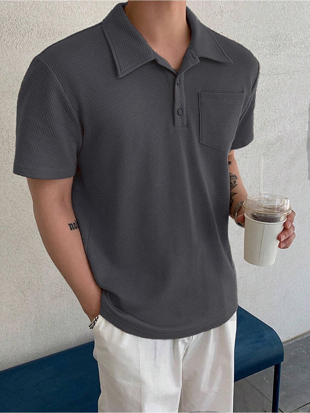 Genius Store Gri Erkek Oversize Polo Yaka  Waffle Tişört