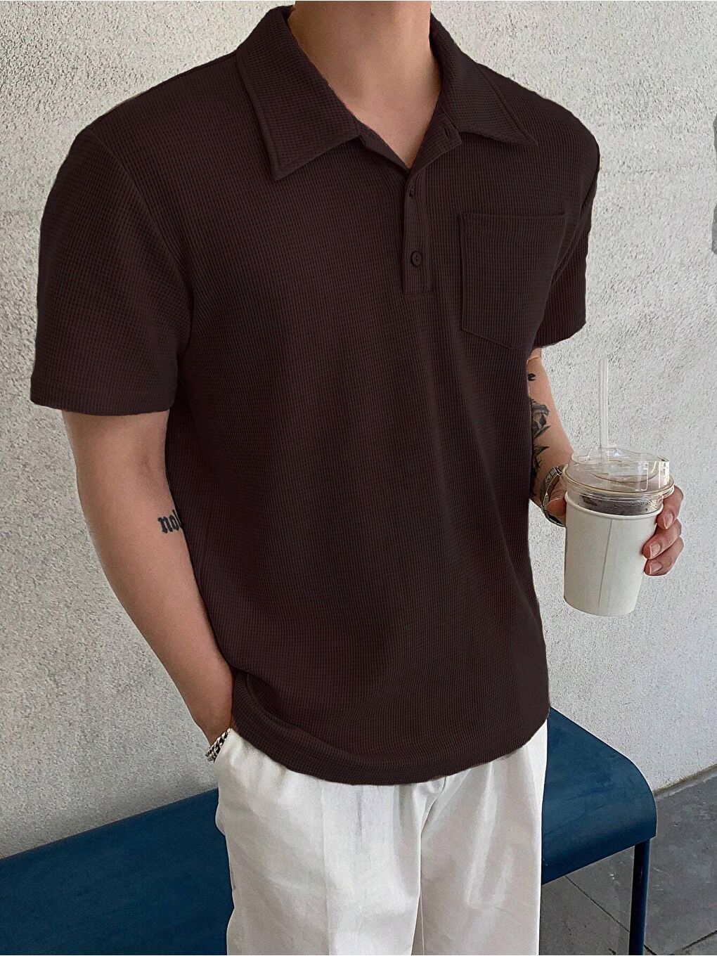 Kahverengi Erkek Oversize Polo Yaka  Waffle Tişört