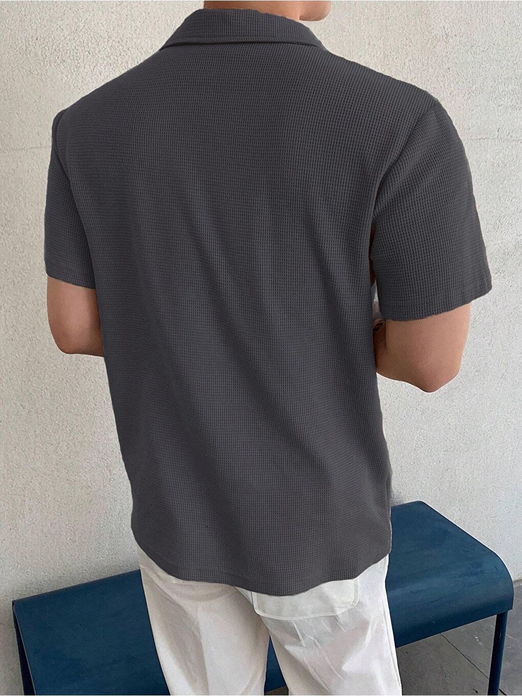 Genius Store Gri Erkek Oversize Polo Yaka  Waffle Tişört - 2