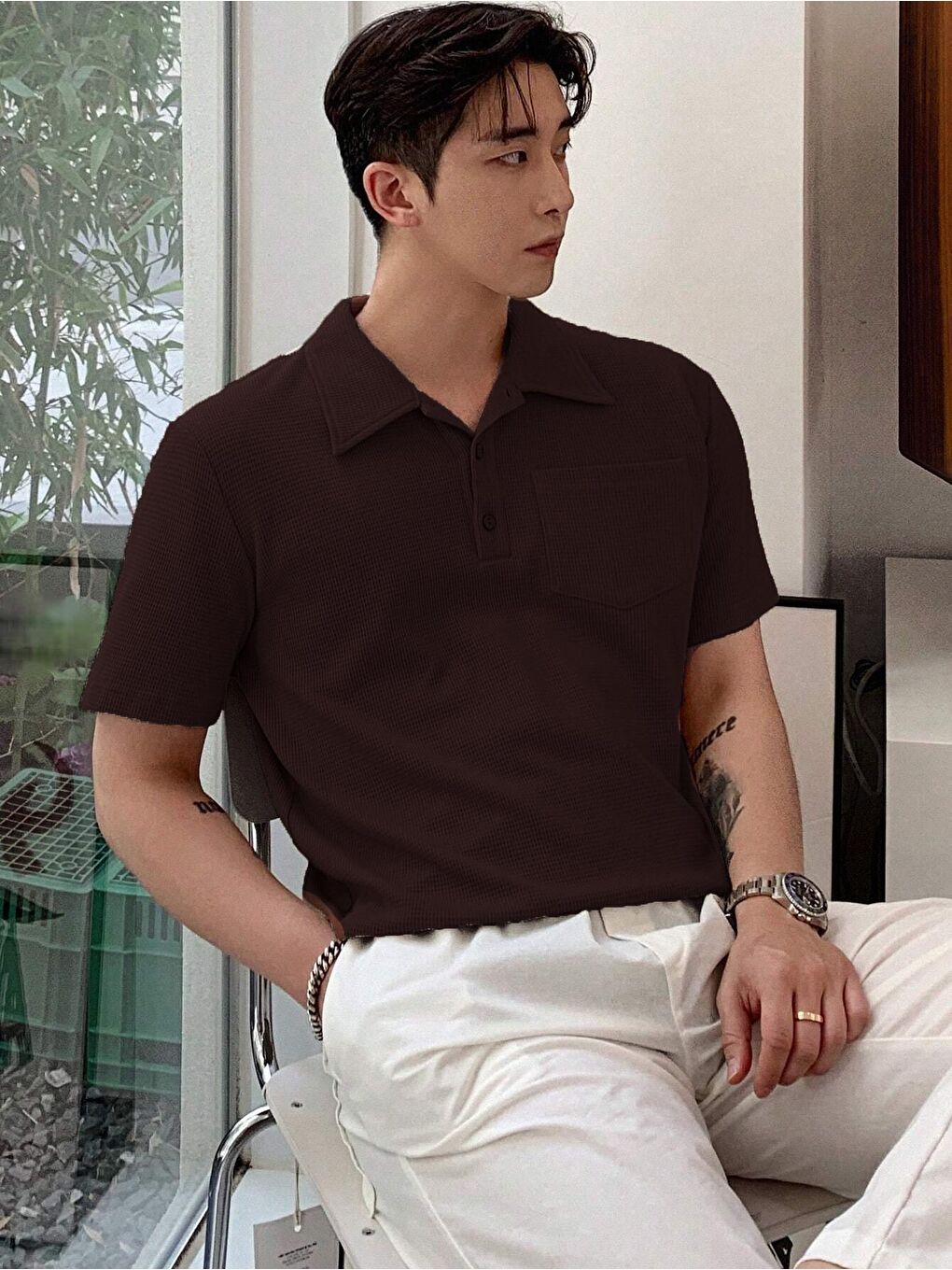 Kahverengi Erkek Oversize Polo Yaka  Waffle Tişört-1