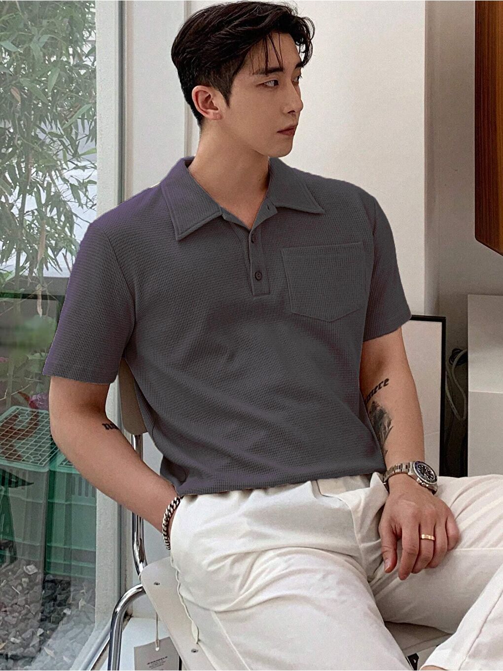 Genius Store Gri Erkek Oversize Polo Yaka  Waffle Tişört - 3