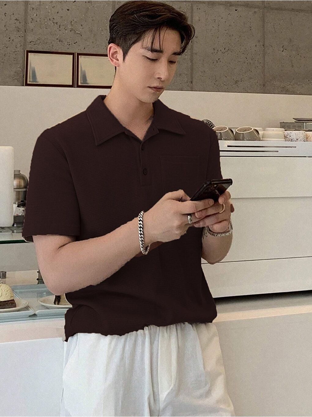 Kahverengi Erkek Oversize Polo Yaka  Waffle Tişört-2