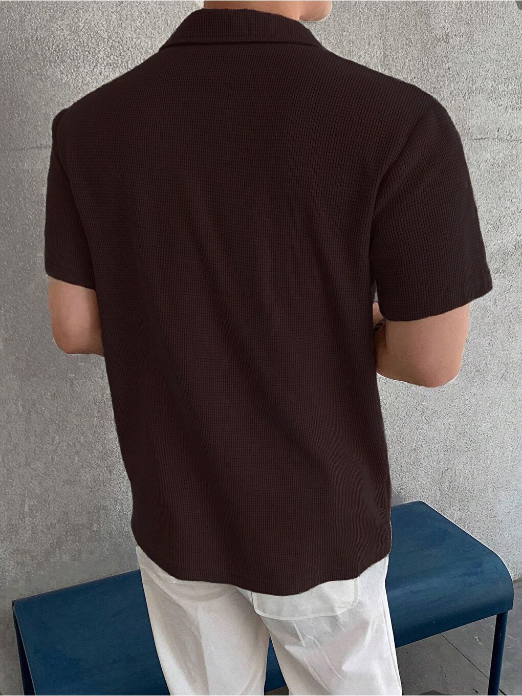 Kahverengi Erkek Oversize Polo Yaka  Waffle Tişört-3