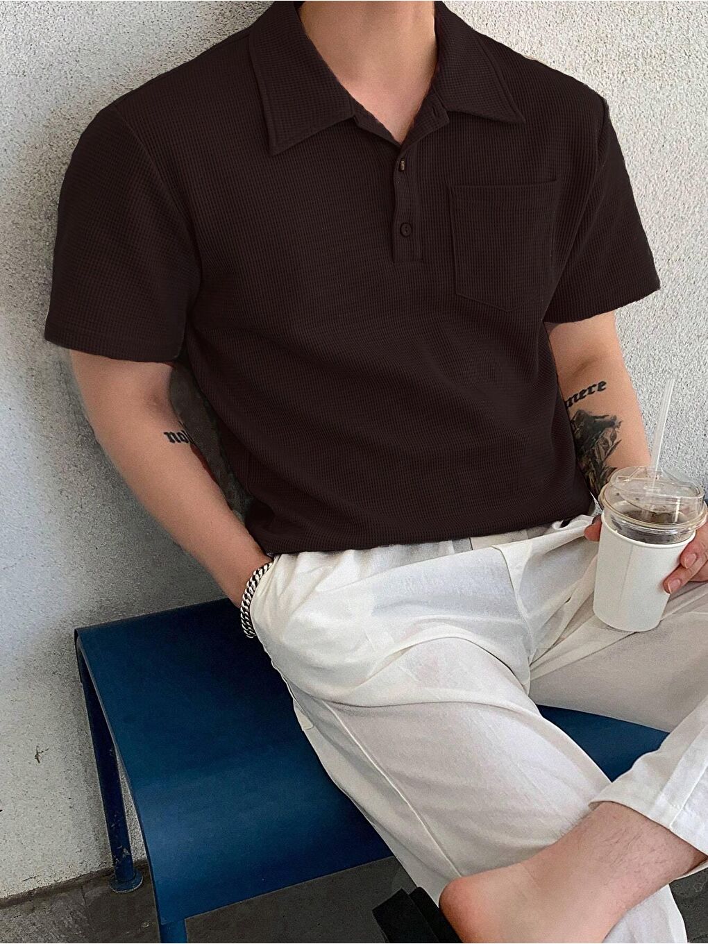 Kahverengi Erkek Oversize Polo Yaka  Waffle Tişört-4